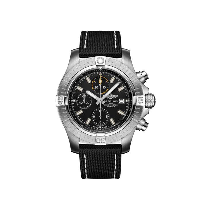 Breitling Avenger Chronograph 45mm Black Dial Black Leather Strap Watch for Men - A13317101B1X1