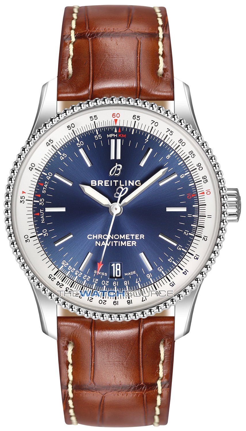 Breitling Navitimer Automatic 38mm Blue Dial Brown Leather Strap Mens Watch - A17325211C1P2