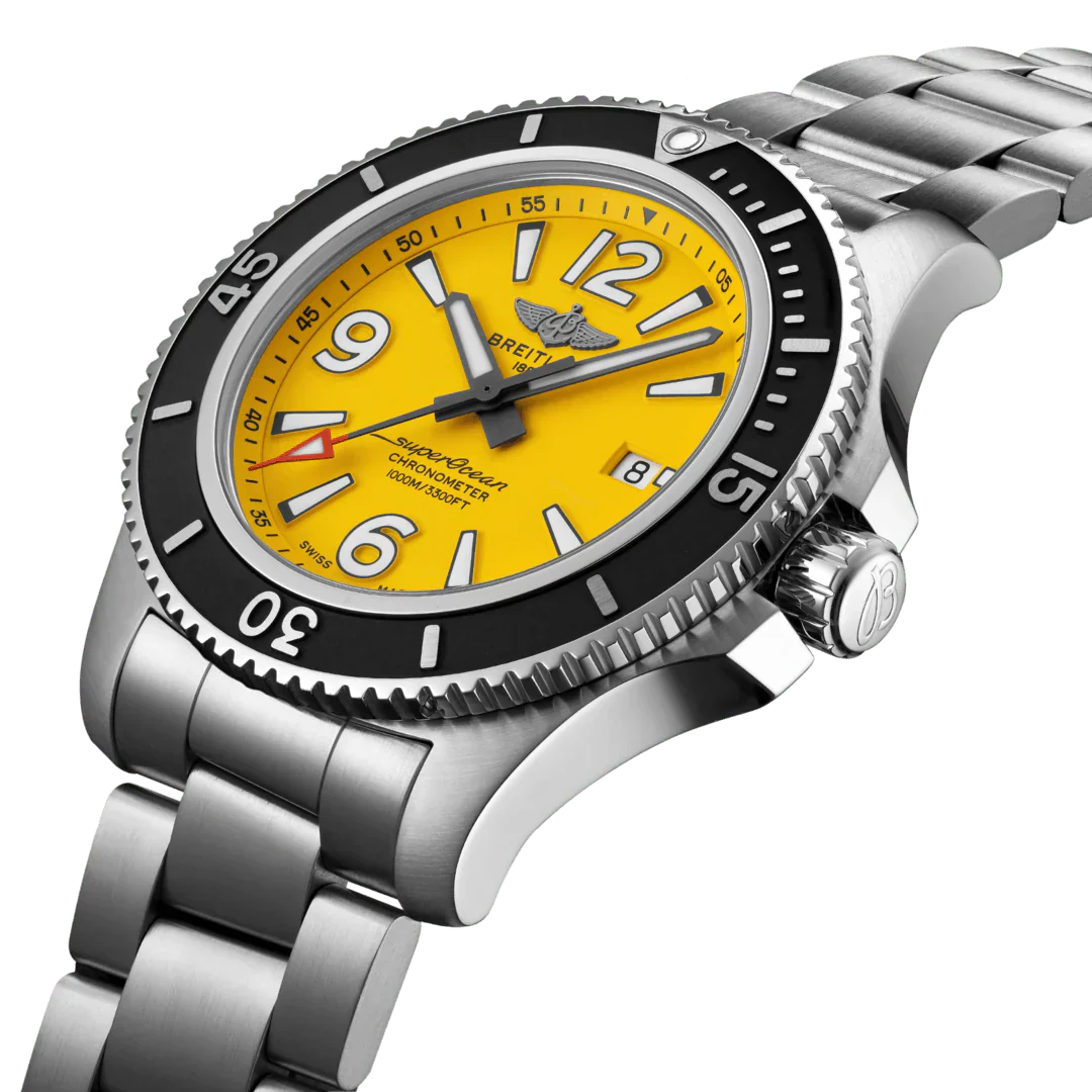 Breitling Superocean Automatic 44mm Yellow Dial Silver Steel Strap Watch for Men - A17375211/1A1