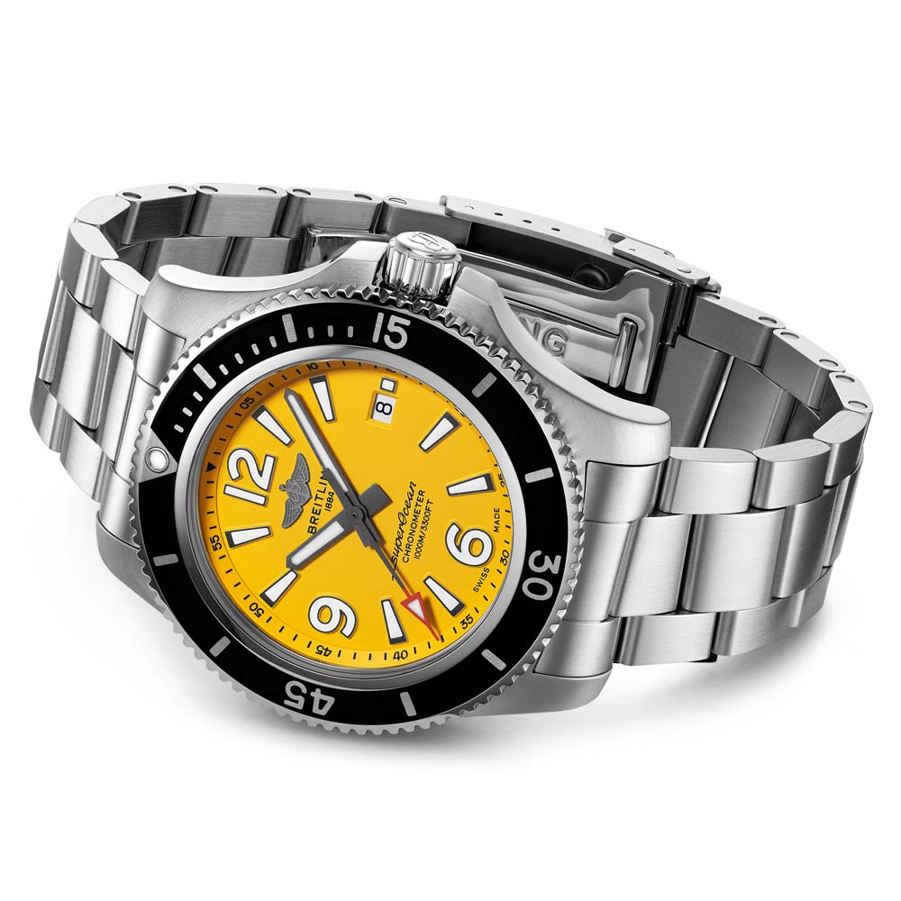 Breitling Superocean II Automatic 44mm Yellow Dial Silver Steel Strap Watch for Men - A17367021I1A1