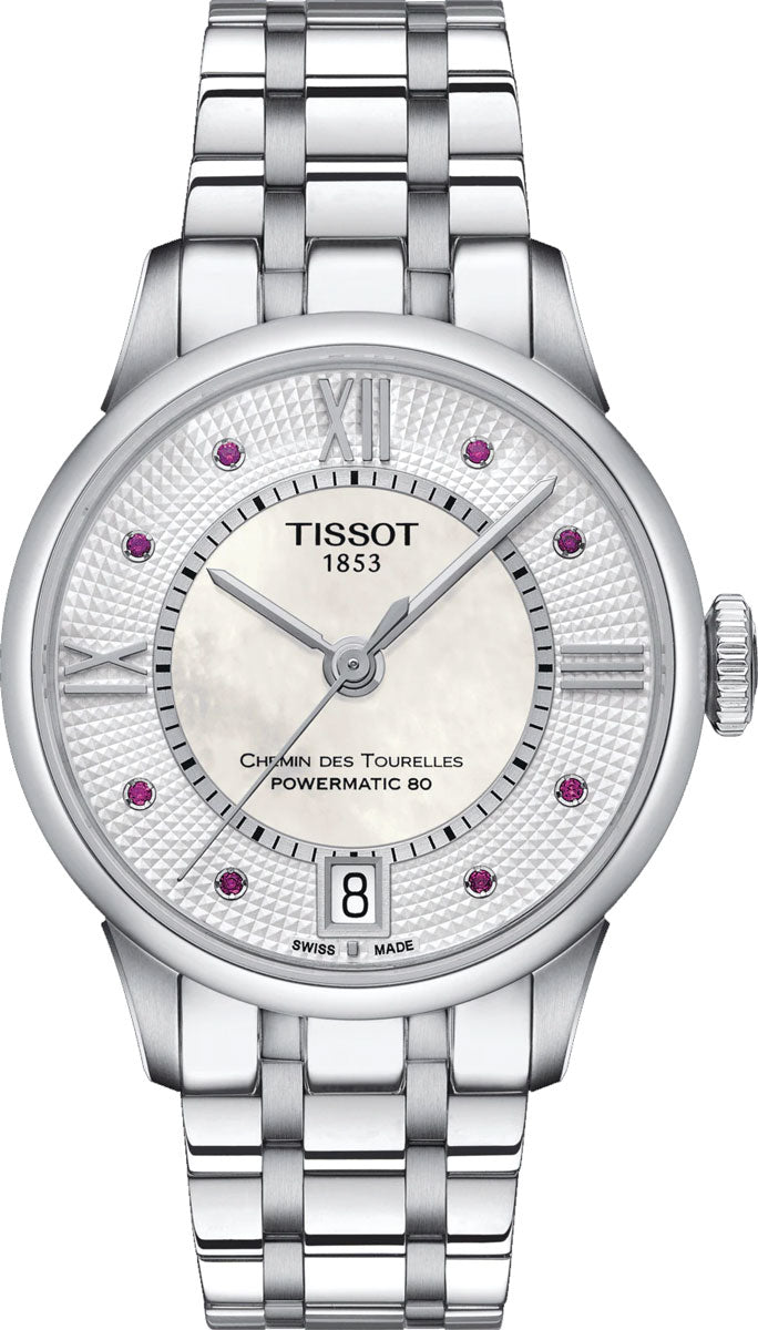 Tissot Chemin Des Tourelles Powermatic 80 Rubies Mother of Pearl Dial Silver Steel Strap Watch For Women - T099.207.11.113.00