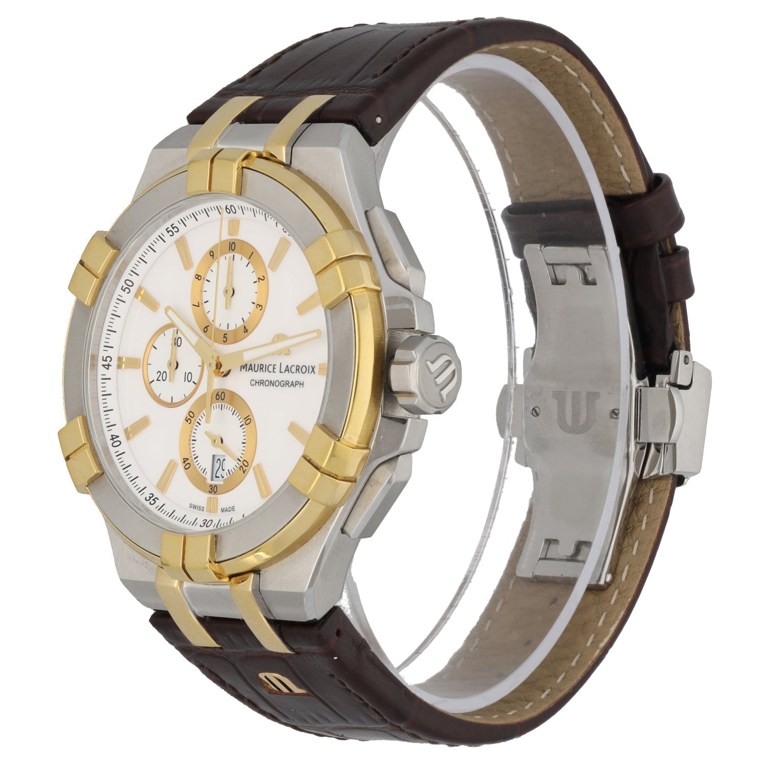 Maurice Lacroix Aikon Chronograph White Dial Brown Leather Strap Watch For Men - AI1018-PVY11-132-1