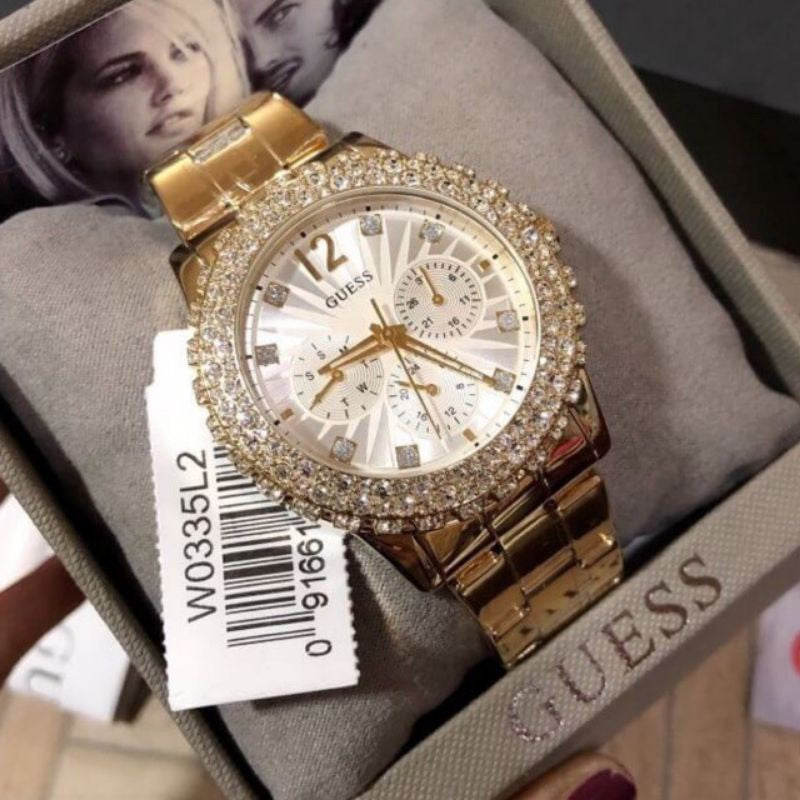 Guess Dazzler Diamonds Silver Dial Gold Steel Strap Watch for Women - W0335L2