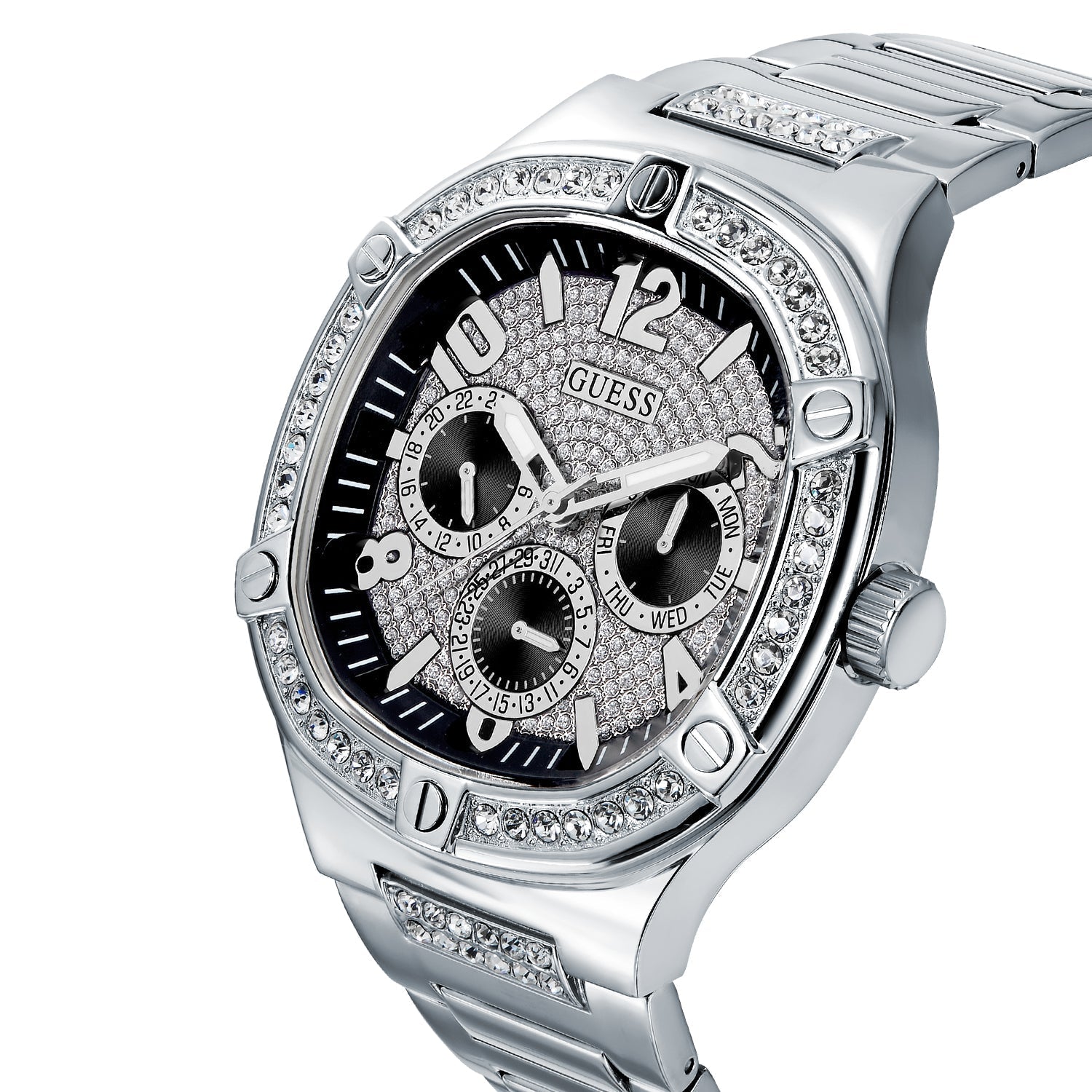 Guess Duke Glitz Black Dial Silver Steel Strap Watch For Men - GW0576G1