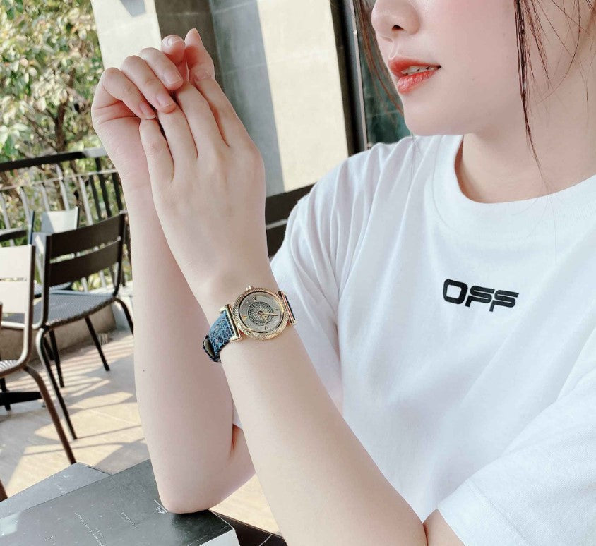 Versace V-Motif Vintage Logo Diamonds Blue Dial Blue Leather Strap Watch for Women - VERE01018