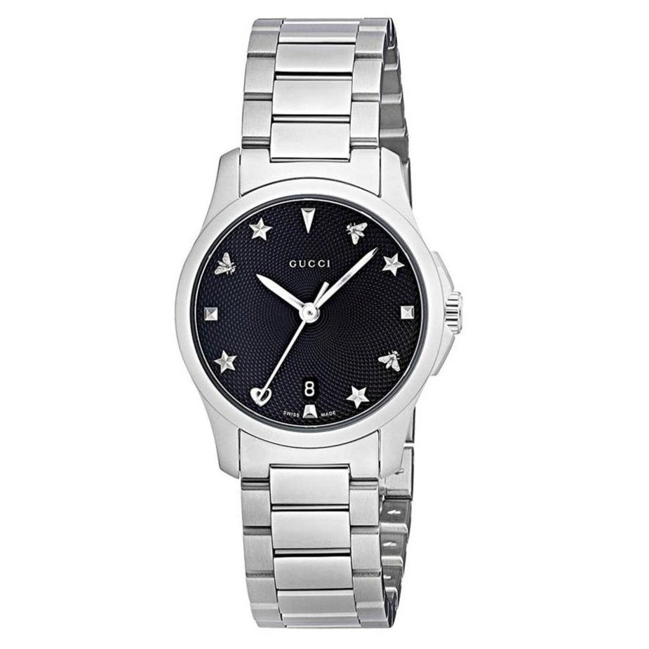 Gucci G Timeless Black Dial Silver Steel Strap Watch For Women - YA126573A
