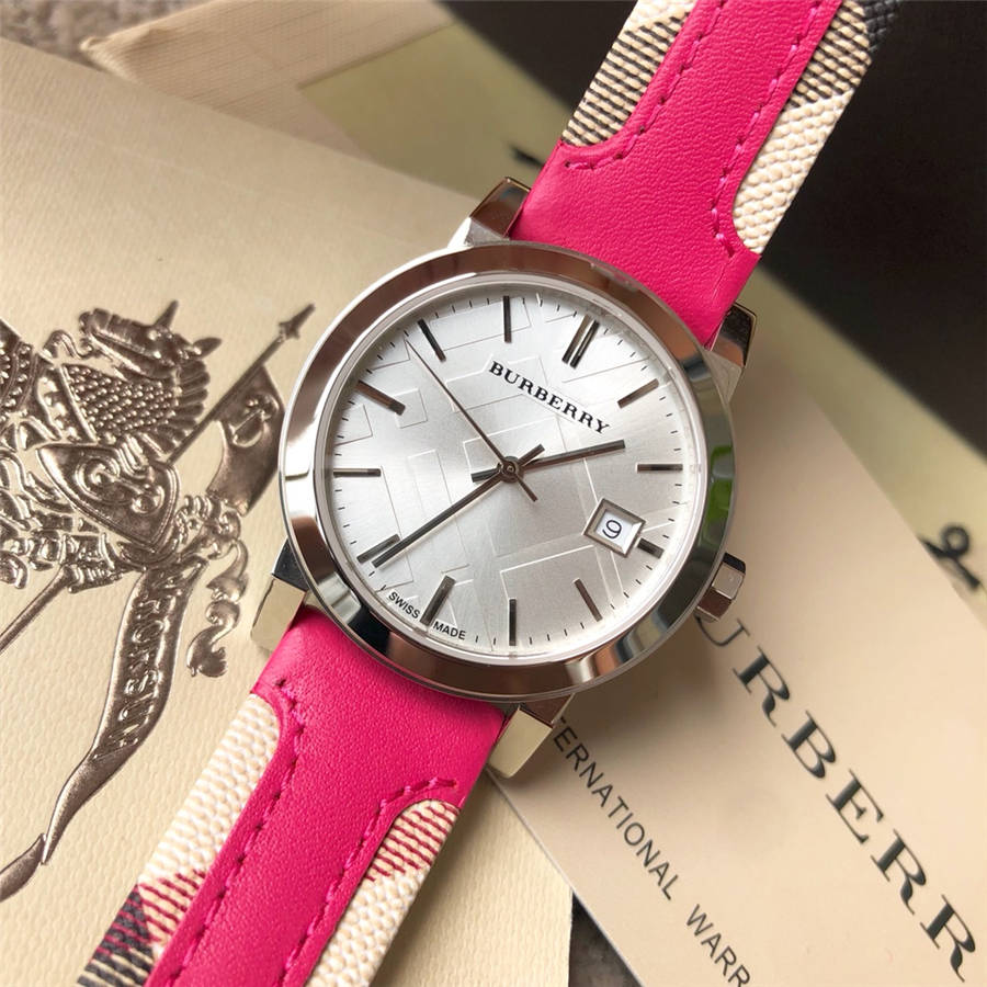 Burberry The City White Dial Haymarket Pink Leather Strap Watch for Women - BU9149