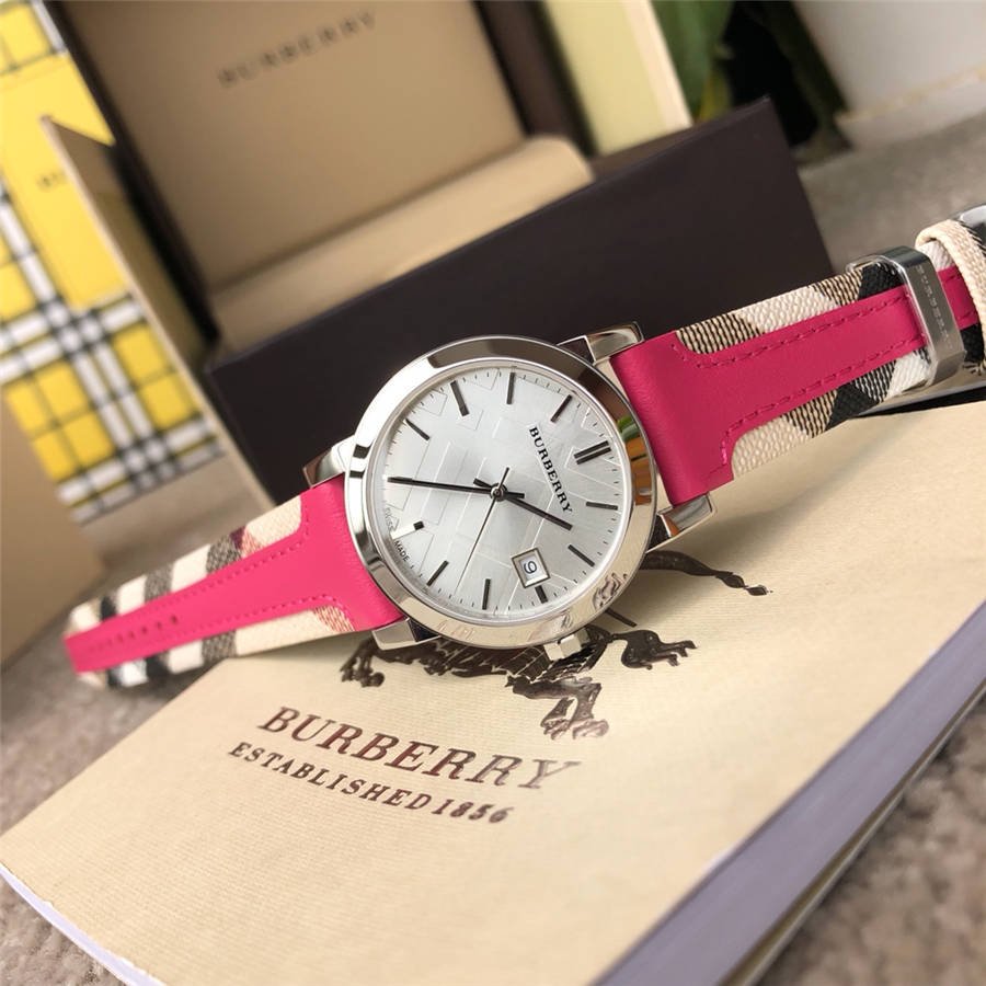 Burberry The City White Dial Haymarket Pink Leather Strap Watch for Women - BU9149