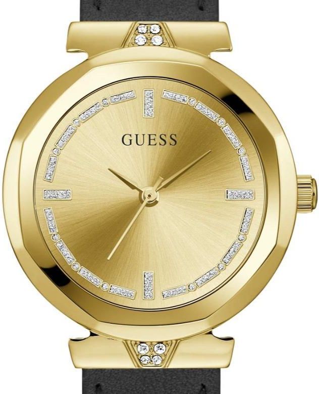 Guess Rumour Quartz Gold Dial Black Leather Strap Watch For Women - GW0689L2