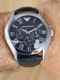 Emporio Armani Valente Chronograph Black Dial Black Leather Strap Watch For Men - AR1633