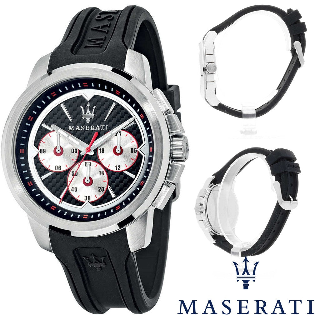 Maserati SFIDA Chronograph Black Silver Dial Black Rubber Strap Watch For Men - R8851123001