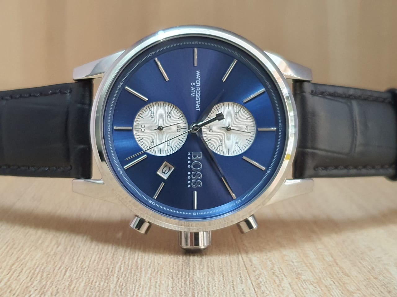 Hugo Boss Jet Blue Dial Black Leather Strap Watch for Men - 1513283