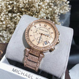 Michael Kors Uptown Glam Parker Chronograph Rose Gold Dial Steel Strap Watch for Women - MK5663