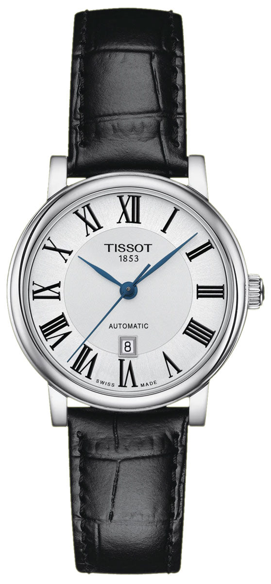 Tissot Carson Premium Automatic Lady Silver Dial Black Leather Strap Watch for Women - T122.207.16.033.00