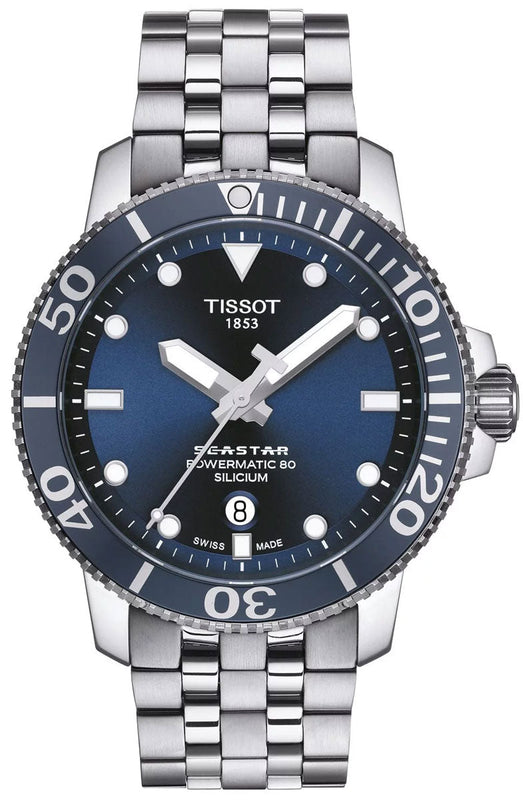 Tissot T Sport Seastar 1000 Powermatic Silicium Blue Dial Silver Steel Strap Watch For Men - T120.407.11.041.01