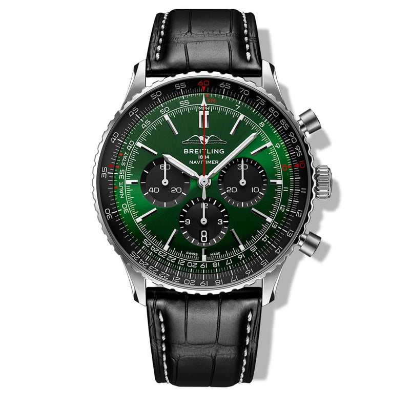 Breitling Navitimer B01 Chronograph 46 Green Dial Black Leather Strap Watch for Men - AB0137241L1P1