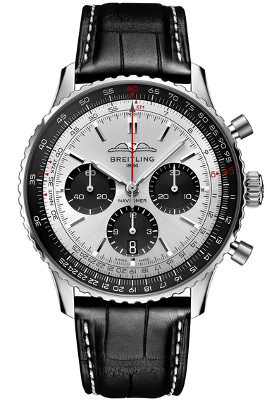 Breitling Navitimer B01 Chronograph 43 Silver Dial Black Leather Strap Watch for Men - AB0138241G1P1