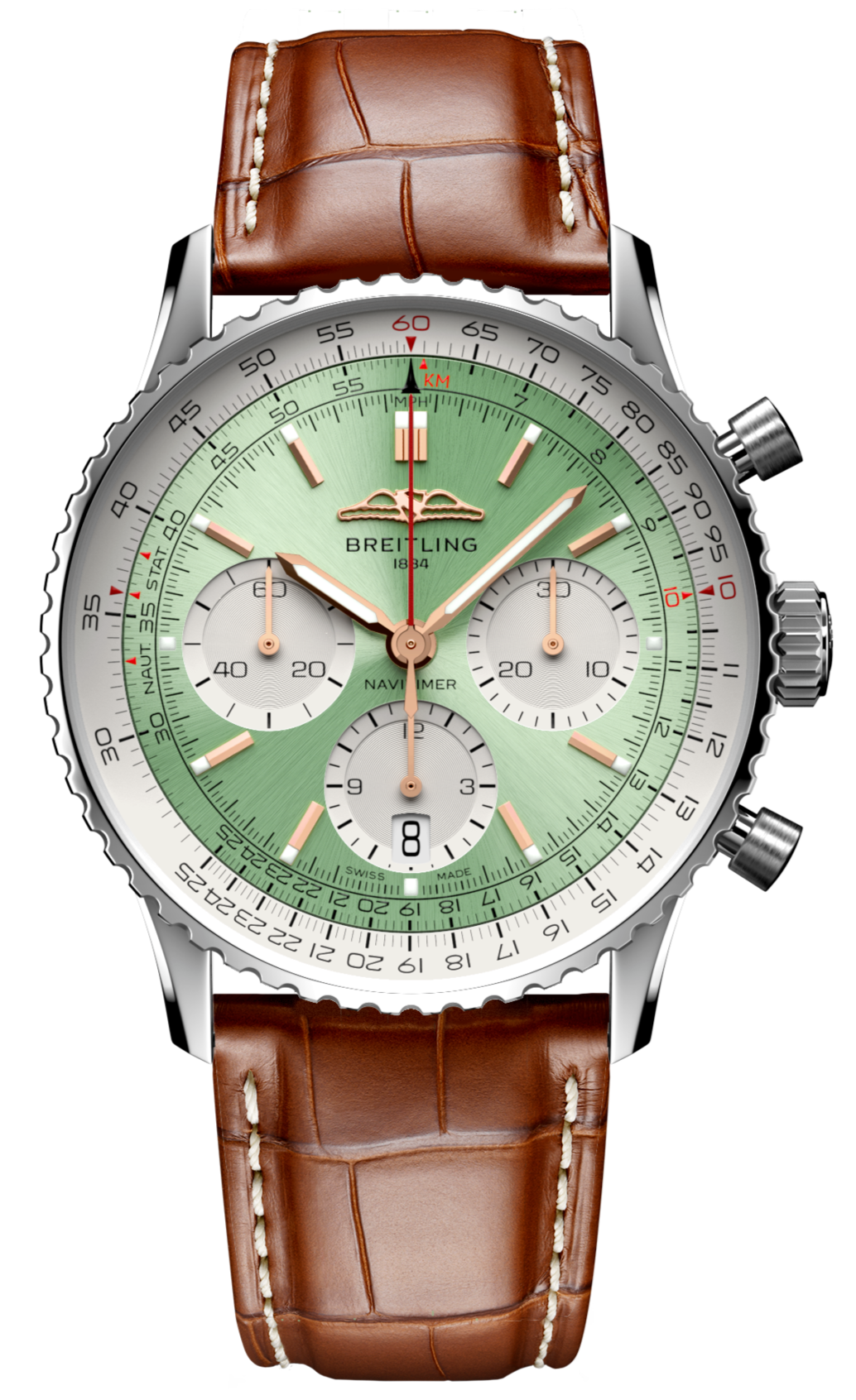 Breitling Navitimer B01 Chronograph 41 Green Dial Brown Leather Strap Watch for Men - AB0139211L1P1