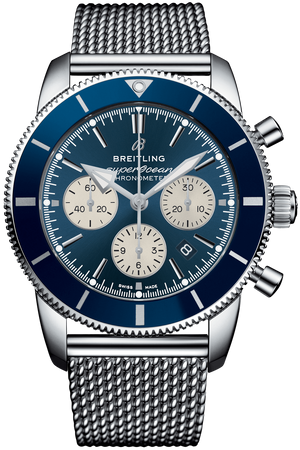 Breitling Superocean Heritage B01 Chronograph 44 Blue Dial Silver Mesh Bracelet Watch for Men - AB0162161C1A1
