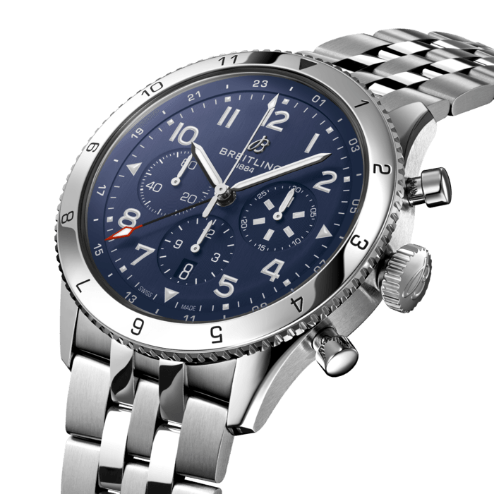 Breitling Super Avi B04 Chronograph GMT 46 Tribute to Vought F4U Corsair Blue Dial Silver Steel Strap Watch for Men - AB04451A1C1A1
