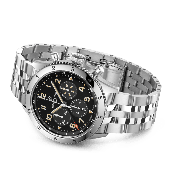 Breitling Super Avi B04 Chronograph GMT 46 P-51 Mustang Black Dial Silver Steel Strap Watch for Men - AB04453A1B1A1