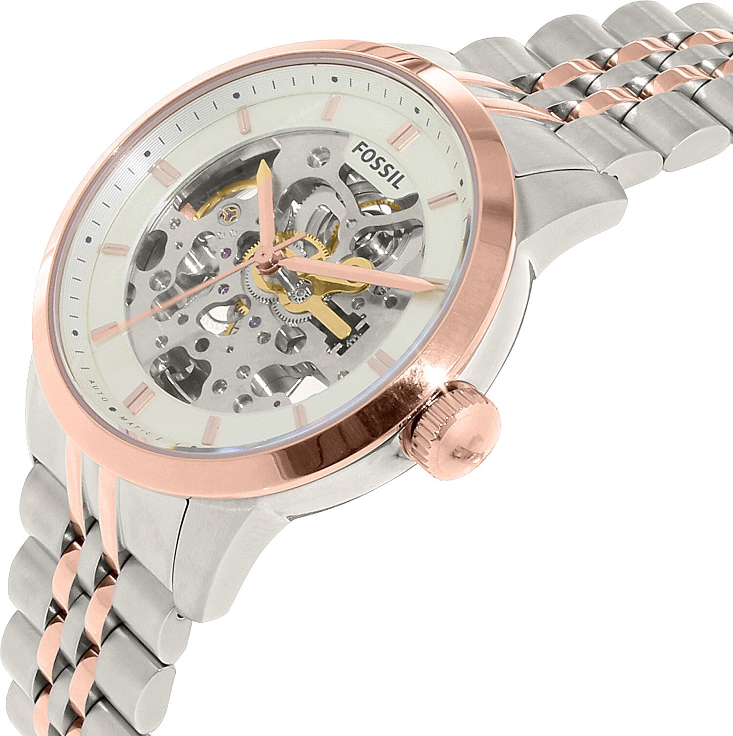 Fossil Townsman Automatic Skeleton White Dial Two Tone Steel Strap Watch for Men - ME3075