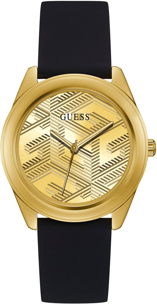 Guess Cubed Analog Gold Dial Black Silicone Strap Watch For Women - GW0665L1