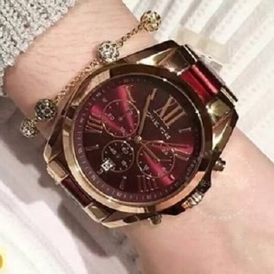 Michael Kors Bradshaw Burgundy Dial Two Tone Steel Strap Watch for Women - MK6270