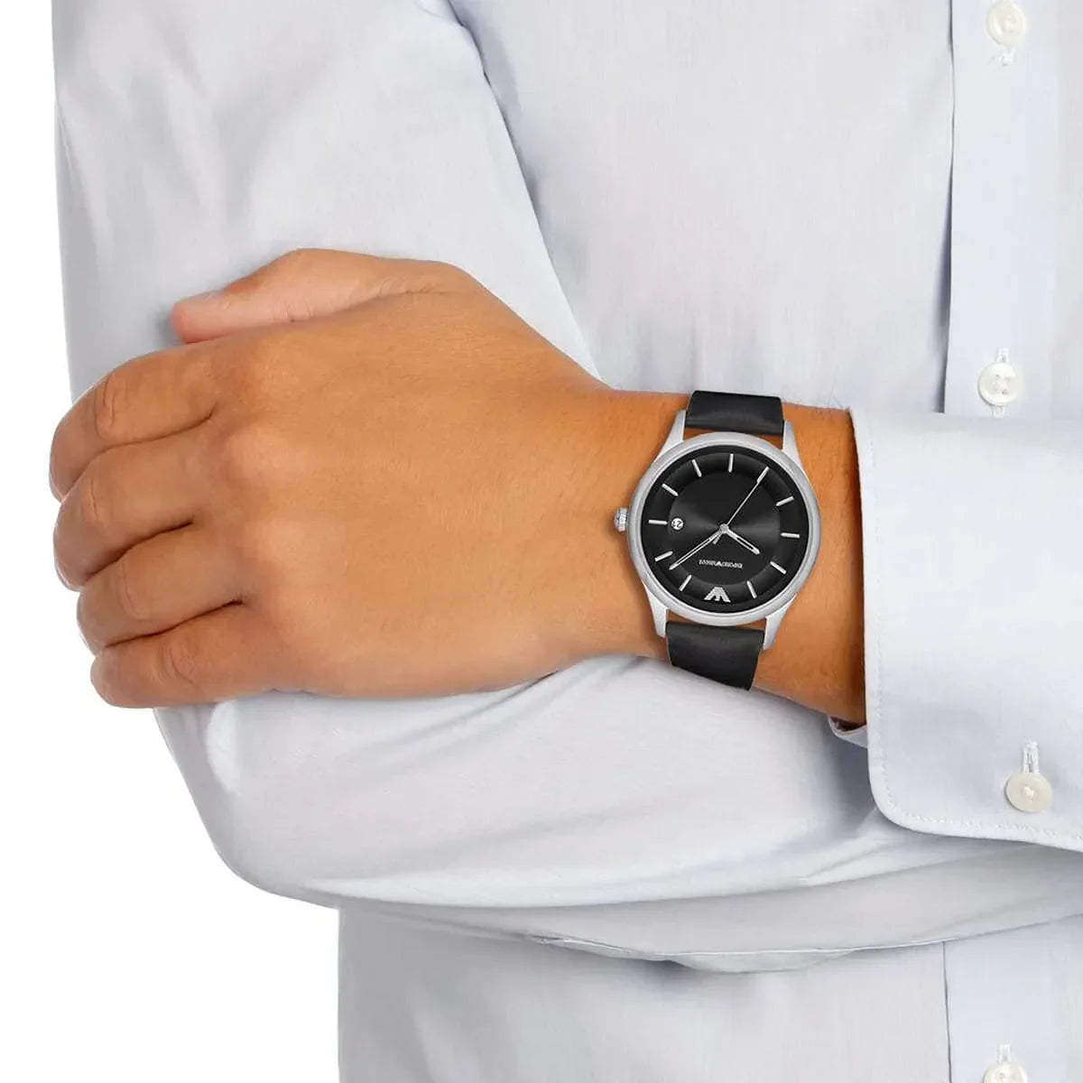 Emporio Armani Lambda Classic Quartz Black Dial Black Leather Strap Watch For Men - AR11020