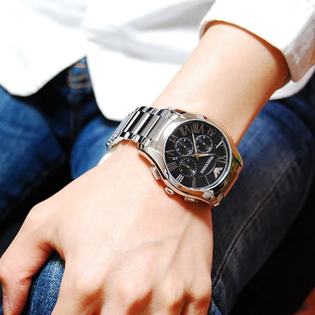 Emporio Armani Valente Chronograph Quartz Black Dial Silver Steel Strap Watch For Men - AR11083