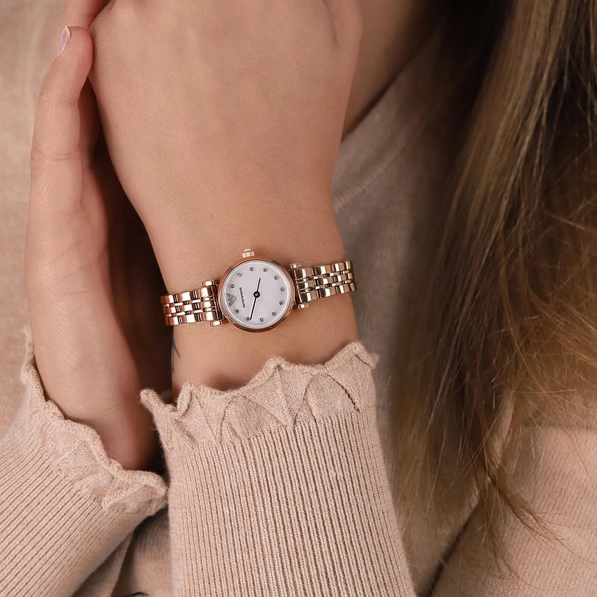 Emporio Armani Gianni T-Bar Mother of Pearl Dial Rose Gold Steel Strap Watch For Women - AR11203