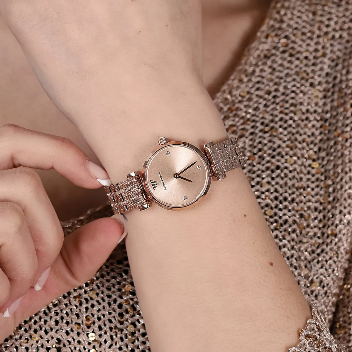 Emporio Armani Gianni T Bar Quartz Rose Gold Dial Rose Gold Steel Strap Watch For Women - AR11342