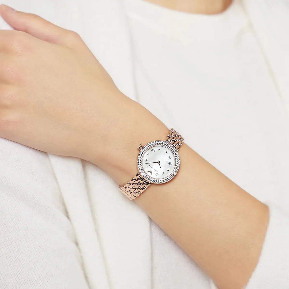 Emporio Armani Rosa Quartz Mother of Pearl White Dial Rose Gold Steel Strap Watch For Women - AR11355