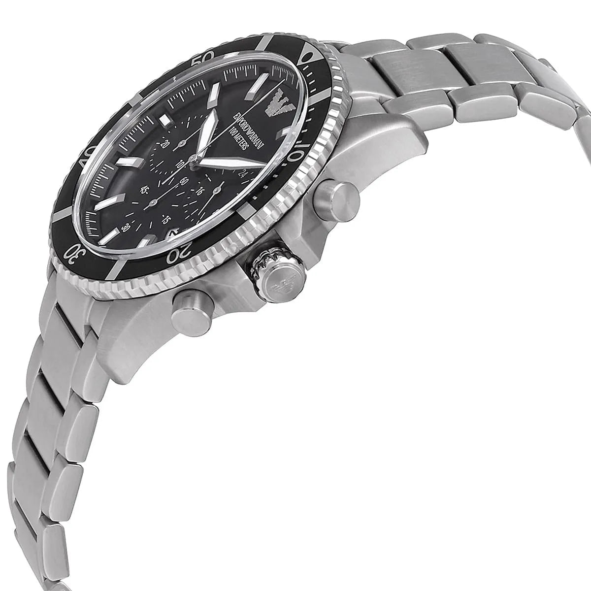Emporio Armani Diver Chronograph Quartz Black Dial Silver Steel Strap Watch For Men - AR11360