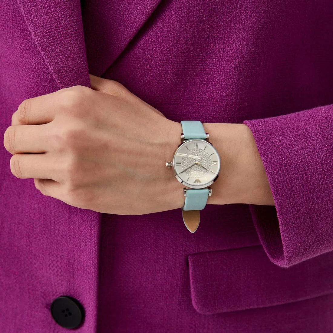 Emporio Armani Gianni T Bar Analog Crystals Silver Dial Blue Leather Strap Watch For Women - AR11443