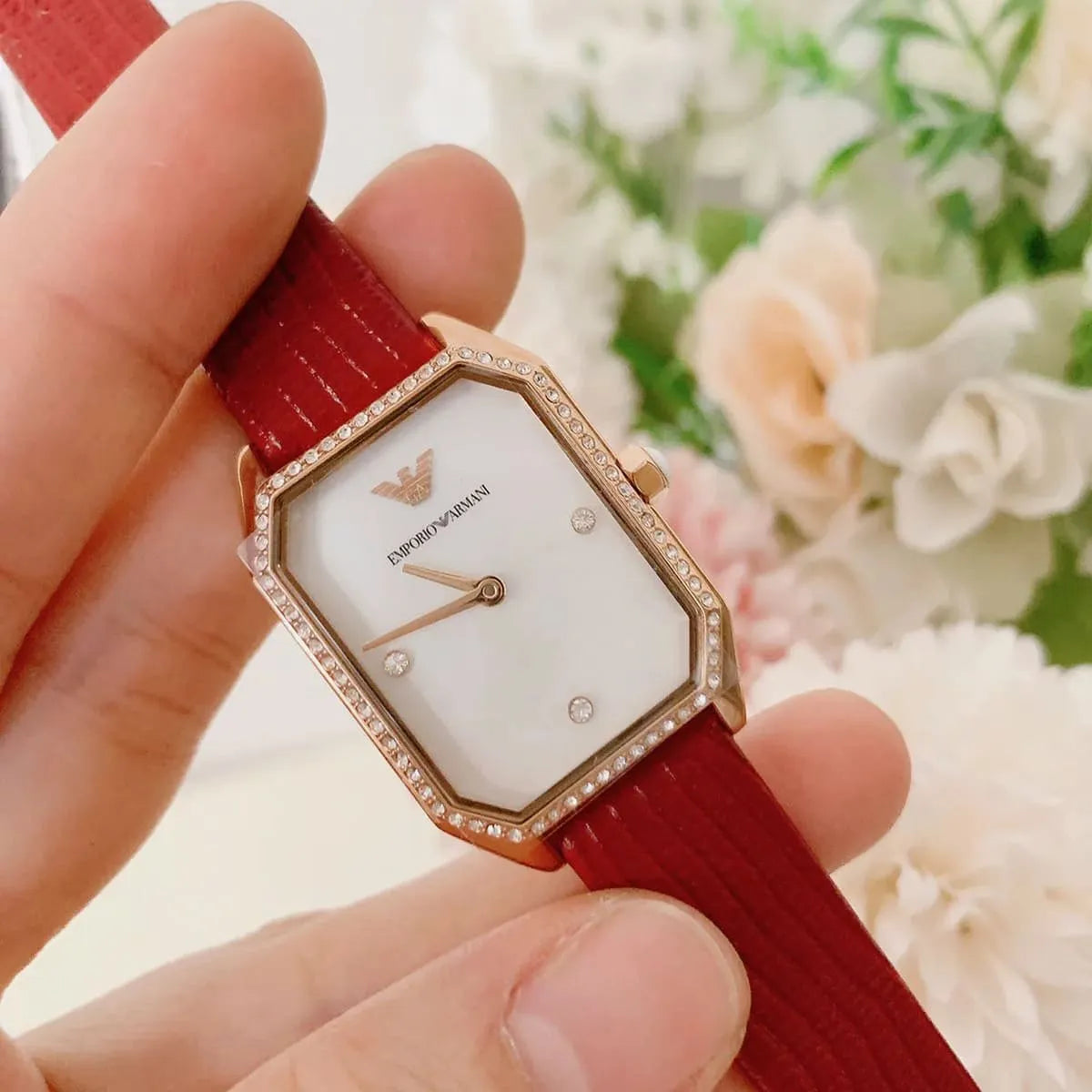 Emporio Armani Gianni T Bar Two-Hand Mother of Pearl Dial Red Leather Strap Watch For Women - AR11467