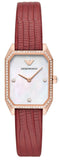 Emporio Armani Gianni T Bar Two-Hand Mother of Pearl Dial Red Leather Strap Watch For Women - AR11467