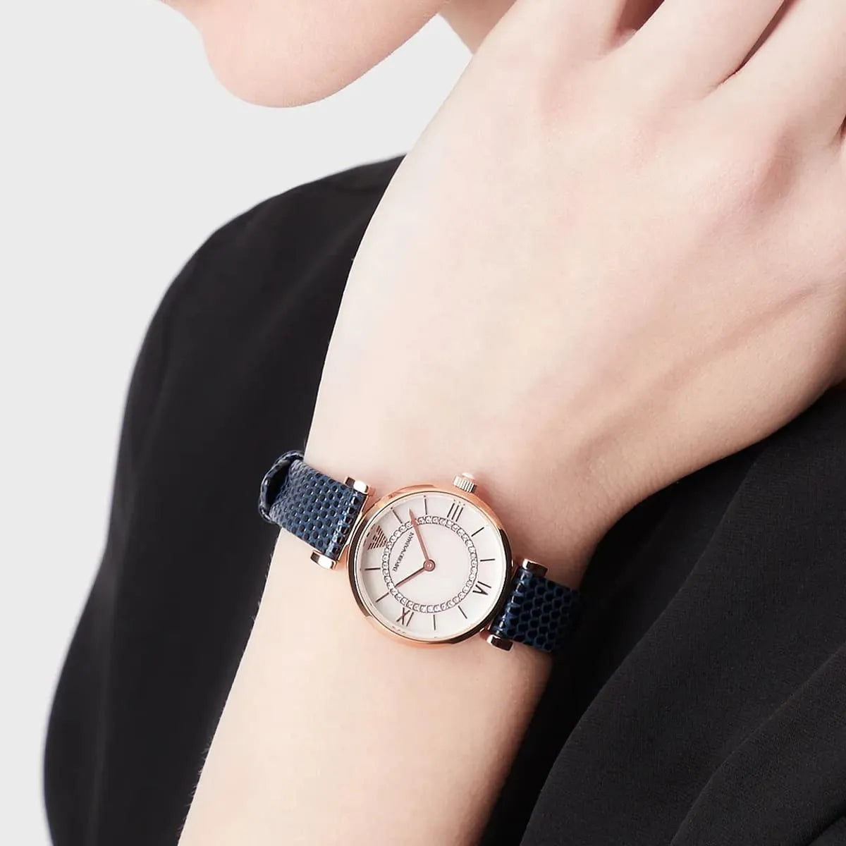 Emporio Armani Gianni T-Bar Analog Mother of Pearl Dial Blue Leather Strap Watch For Women - AR11468