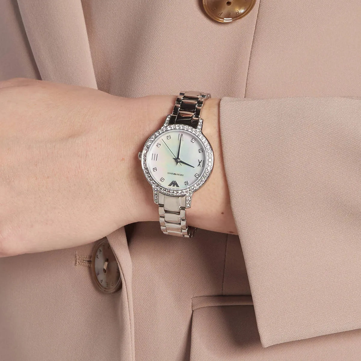 Emporio Armani Cleo Crystals Mother Of Pearl Dial Silver Steel Strap Watch For Women - AR11484