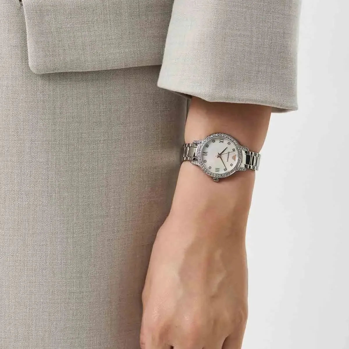 Emporio Armani Cleo Crystals Mother Of Pearl Dial Silver Steel Strap Watch For Women - AR11484