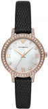 Emporio Armani Cleo Three-Hand Mother of Pearl Dial Black Leather Strap Watch For Women - AR11485
