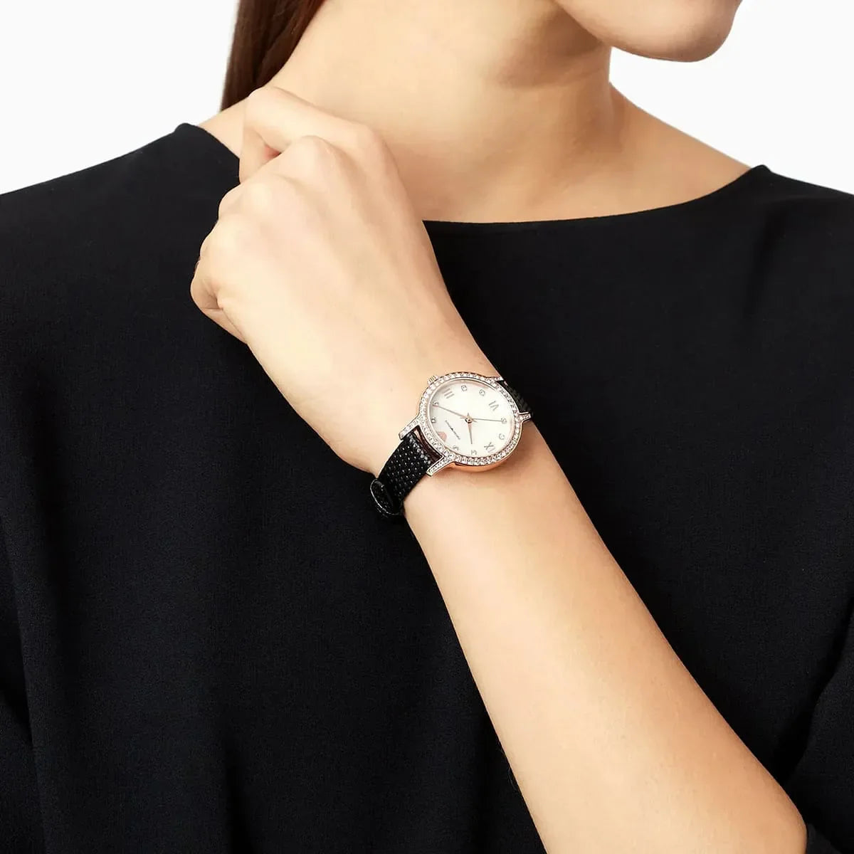 Emporio Armani Cleo Three-Hand Mother of Pearl Dial Black Leather Strap Watch For Women - AR11485