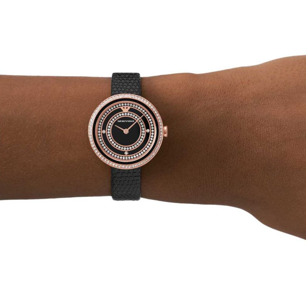 Emporio Armani Rosa Two Hand Black Dial Black Leather Strap Watch For Women - AR11493