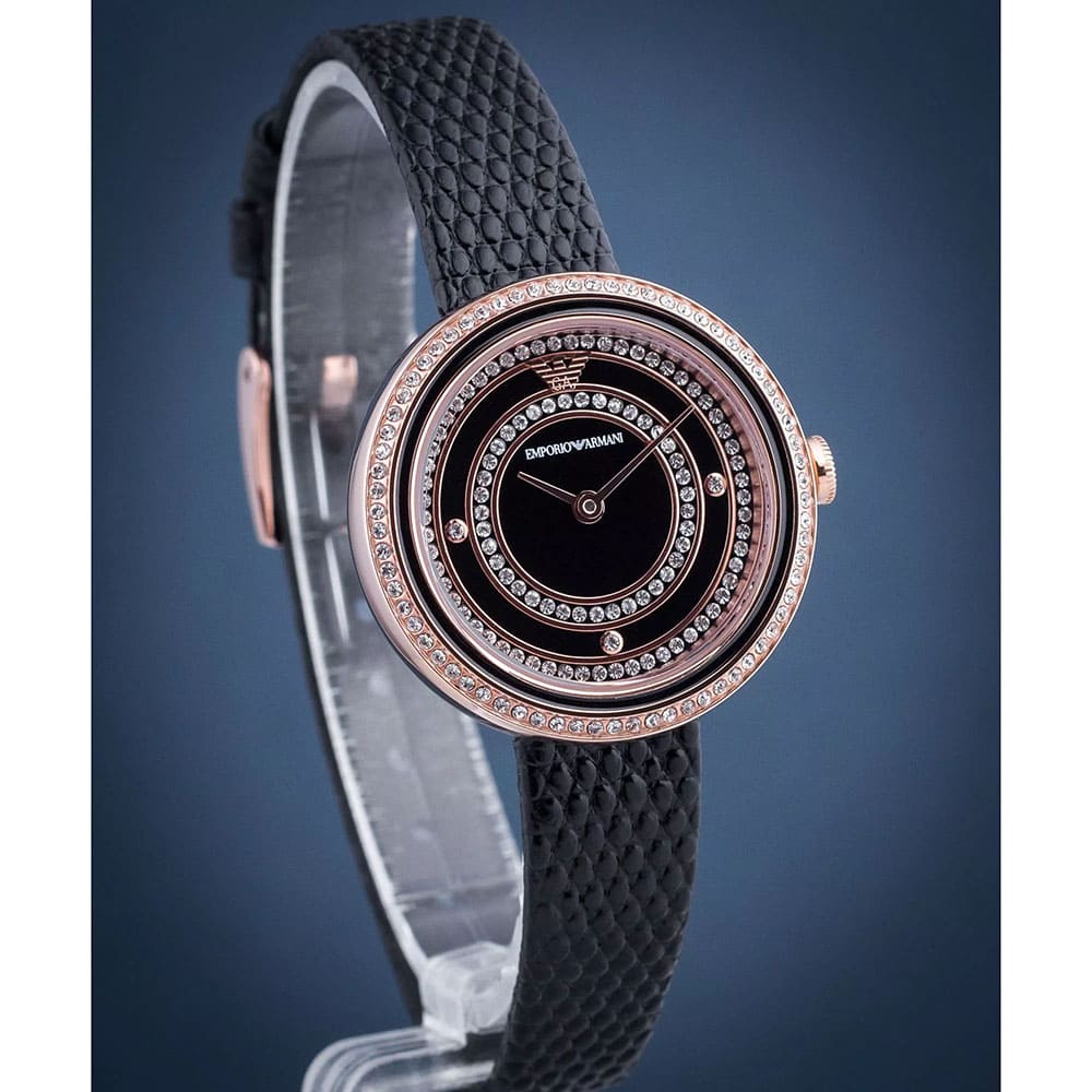 Emporio Armani Rosa Two Hand Black Dial Black Leather Strap Watch For Women - AR11493