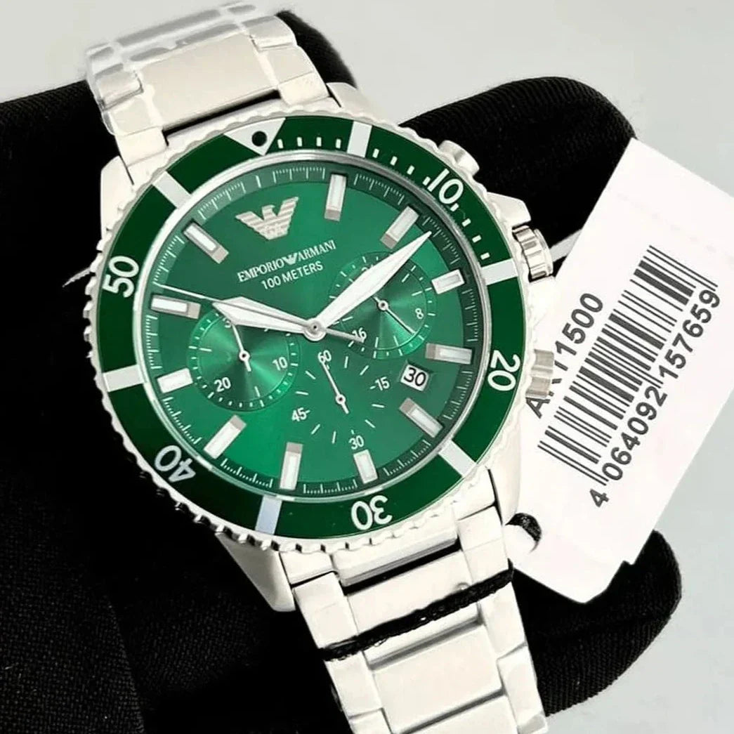 Emporio Armani Diver Chronograph Green Dial Silver Steel Strap Watch For Men - AR11500