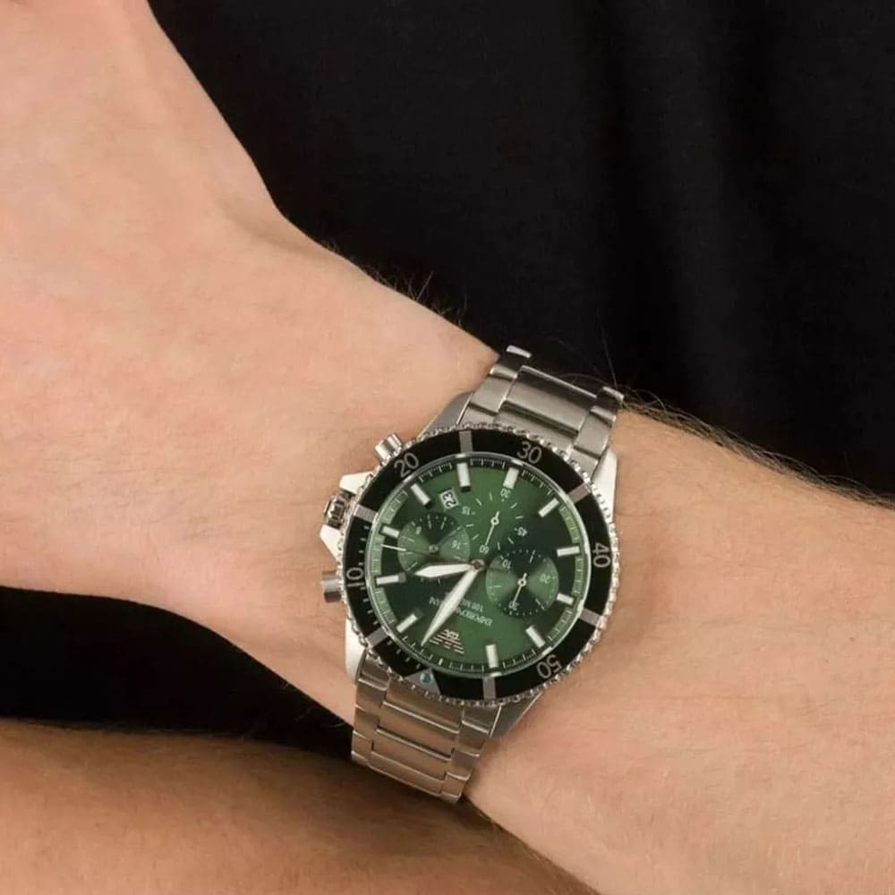 Emporio Armani Diver Chronograph Green Dial Silver Steel Strap Watch For Men - AR11500