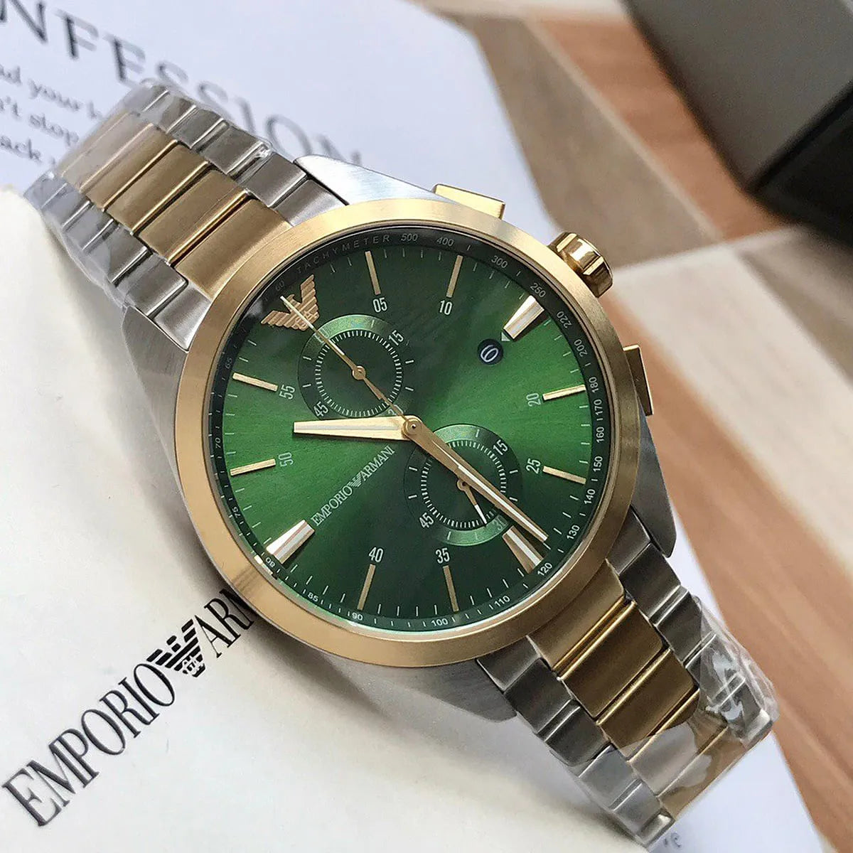 Emporio Armani Claudio Chronograph Green Dial Two Tone Steel Strap Watch For Women - AR11511