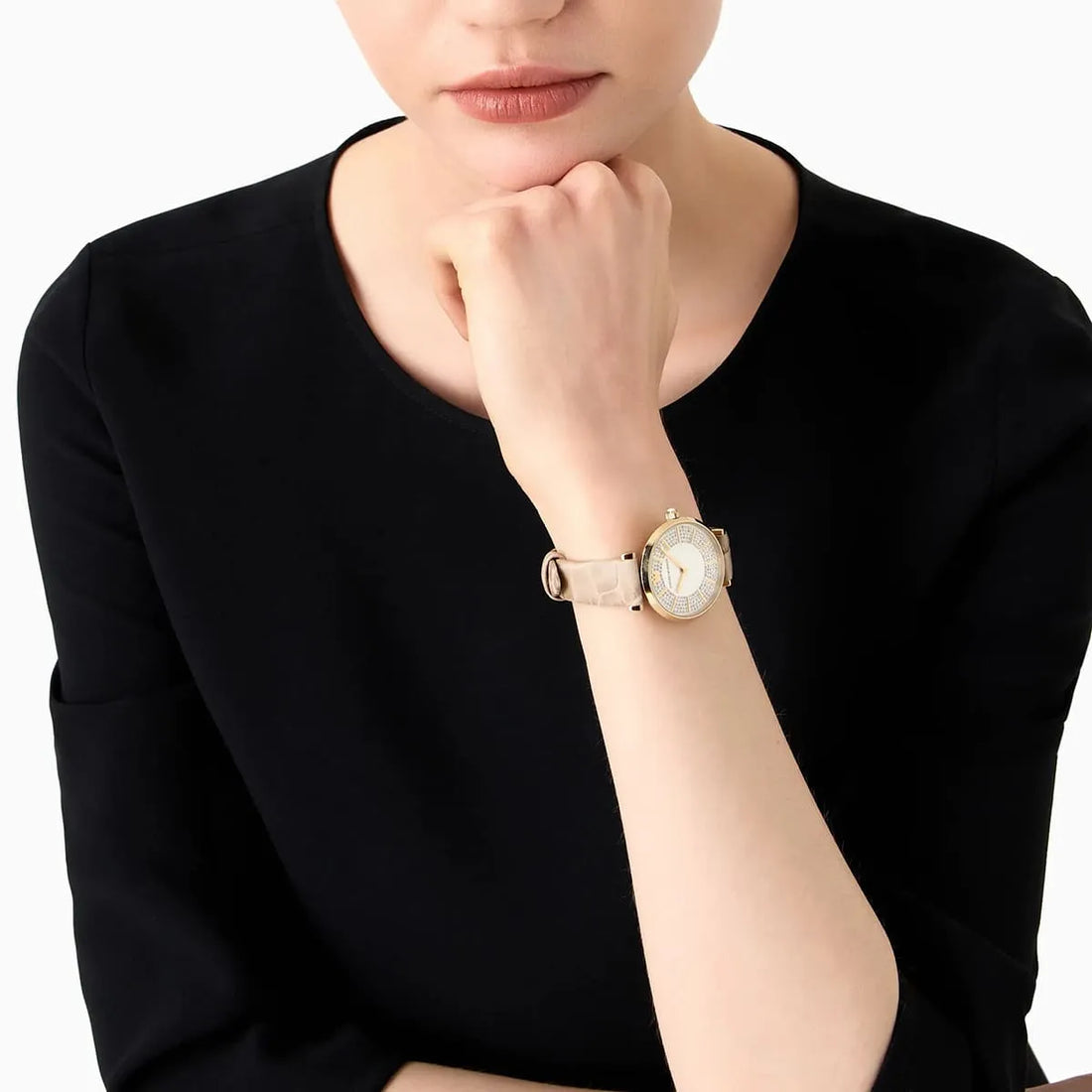 Emporio Armani Gianni T Bar Crystals Silver Dial Brown Leather Strap Watch For Women - AR11518