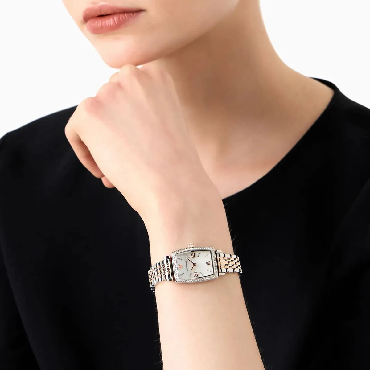 Emporio Armani Gianni T Bar White Mother Of Pearl Dial Two Tone Steel Strap Watch For Women - AR11519