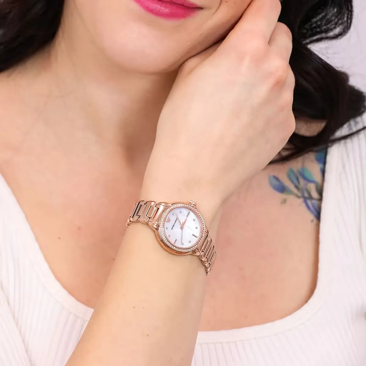 Emporio Armani Aira Three Hand Mother of Pearl Dial Rose Gold Steel Strap Watch For Women - AR11523